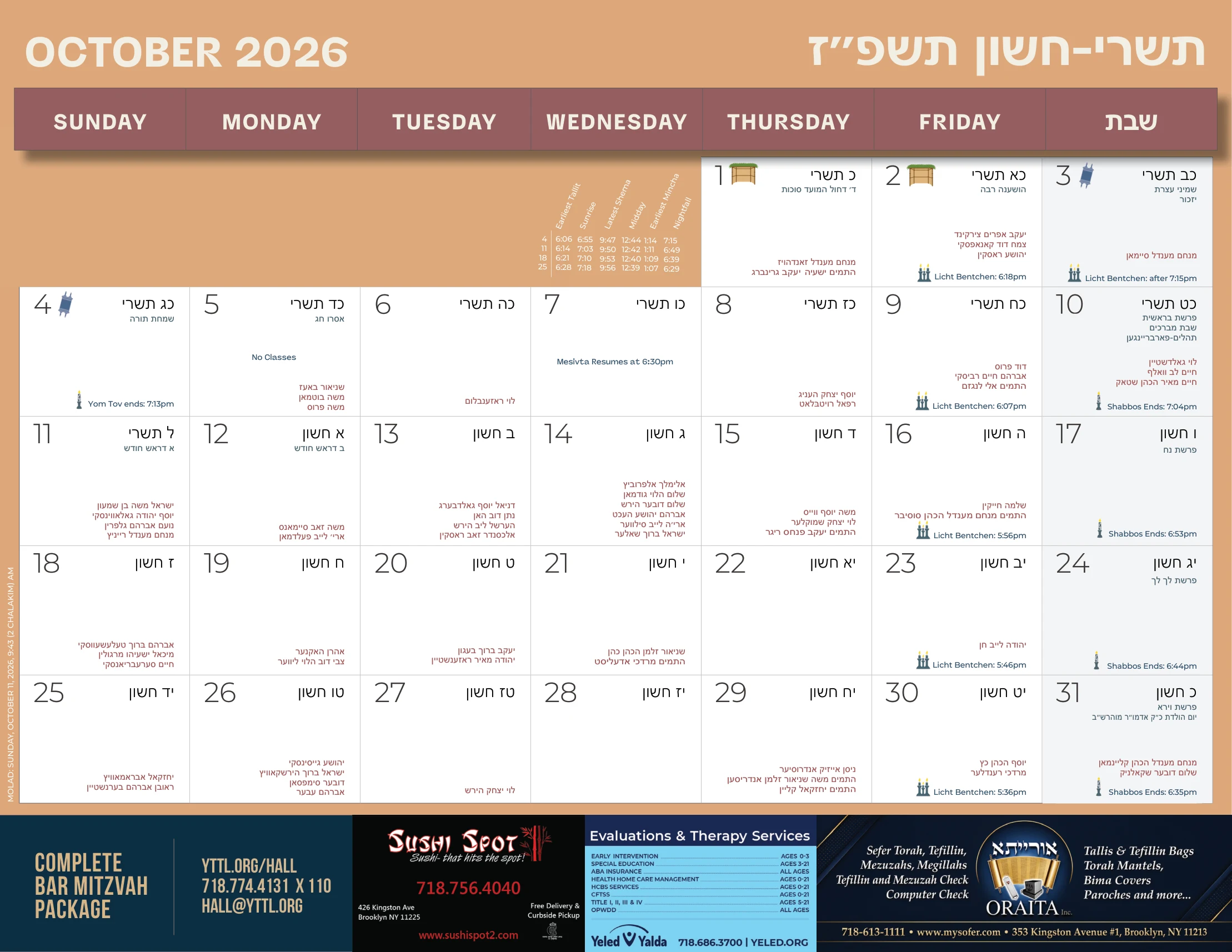 YTTL calendar page for October 2026